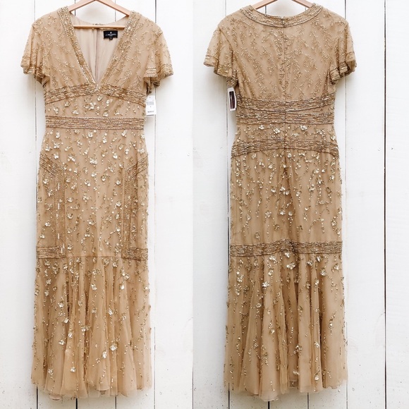J. Mendel Floral Embroidered Tulle Midi Dress Gold - Picture 3 of 16